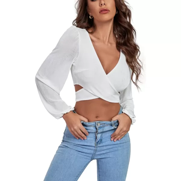 LYANER Women's Self Tie Wrap Front Criss Cross V Neck Long Sleeve Crop Top Blouse Shirt
