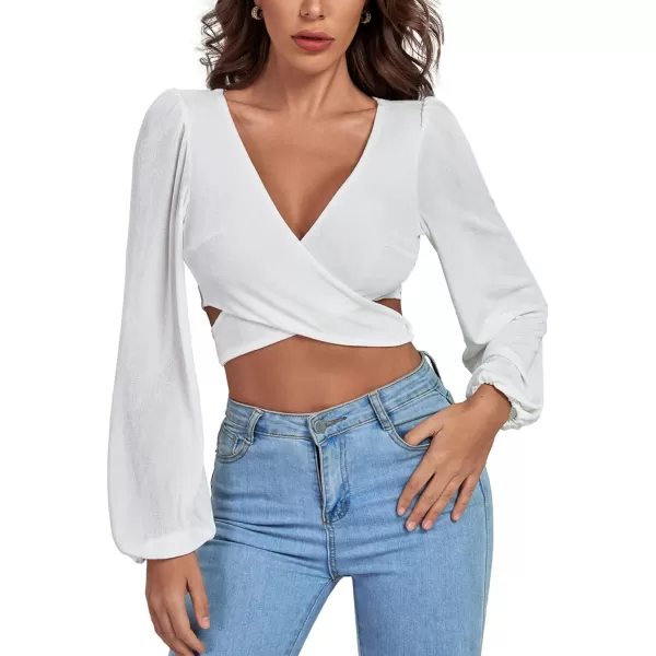 LYANER Women's Self Tie Wrap Front Criss Cross V Neck Long Sleeve Crop Top Blouse Shirt