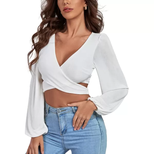 LYANER Women's Self Tie Wrap Front Criss Cross V Neck Long Sleeve Crop Top Blouse Shirt