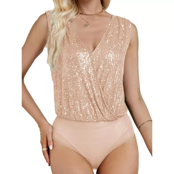 LYANER Women's Sequin Wraped V Neck Cowl Back Sleeveless Leotard Bodysuit Top