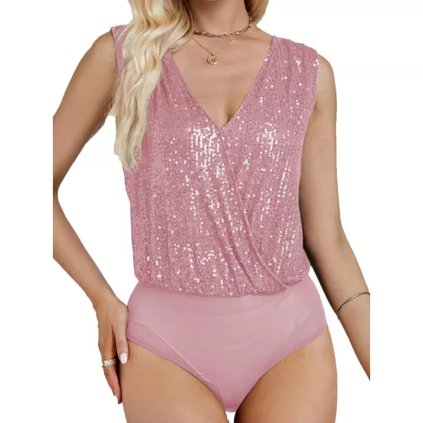 LYANER Women's Sequin Wraped V Neck Cowl Back Sleeveless Leotard Bodysuit Top