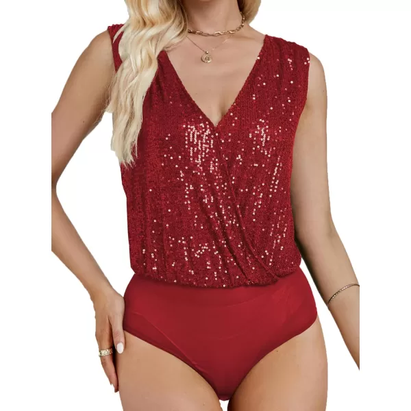 LYANER Women's Sequin Wraped V Neck Cowl Back Sleeveless Leotard Bodysuit Top