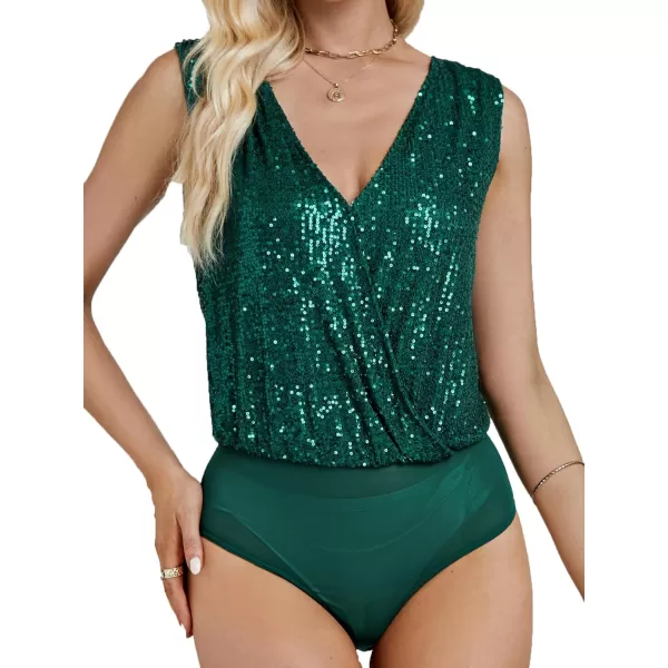 LYANER Women's Sequin Wraped V Neck Cowl Back Sleeveless Leotard Bodysuit Top