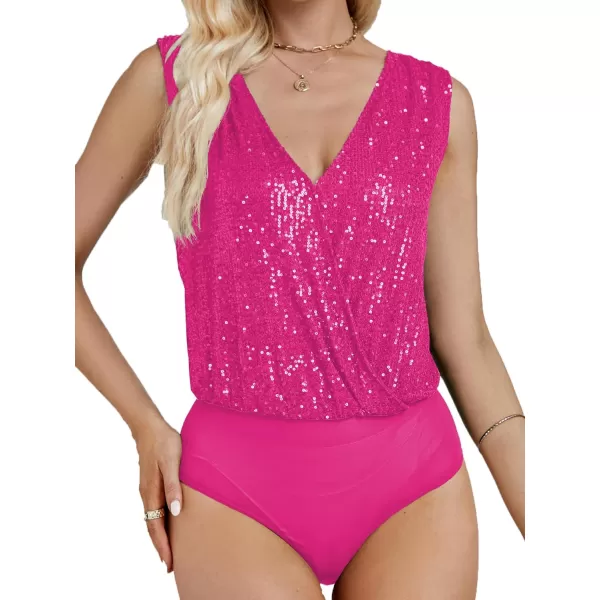 LYANER Women's Sequin Wraped V Neck Cowl Back Sleeveless Leotard Bodysuit Top