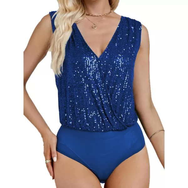 LYANER Women's Sequin Wraped V Neck Cowl Back Sleeveless Leotard Bodysuit Top