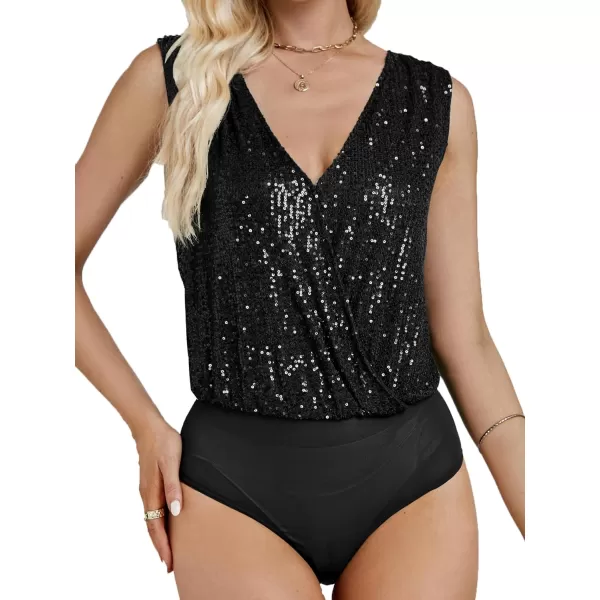 LYANER Women's Sequin Wraped V Neck Cowl Back Sleeveless Leotard Bodysuit Top