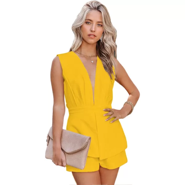 LYANER Women's Sexy Deep V Neck Sleeveless Backless Blazer Romper Short Jumpsuit