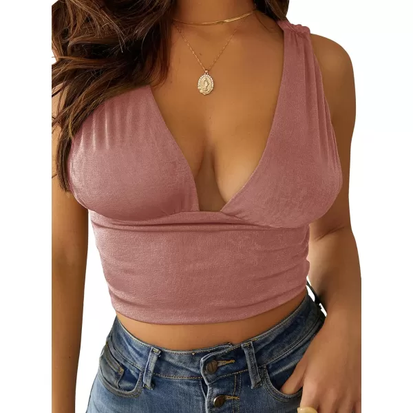 LYANER Women's Sexy Deep V Neck Slim Fitted Strap Crop Cami Tank Sleeveless Top