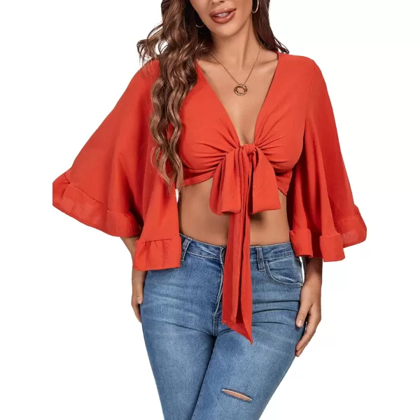 LYANER Women's Sexy Deep V Neck Tie Front Knot 3/4 Flounce Sleeve Wrap Crop Top Blouse