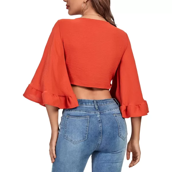 LYANER Women's Sexy Deep V Neck Tie Front Knot 3/4 Flounce Sleeve Wrap Crop Top Blouse