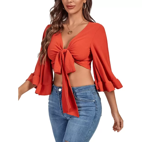 LYANER Women's Sexy Deep V Neck Tie Front Knot 3/4 Flounce Sleeve Wrap Crop Top Blouse