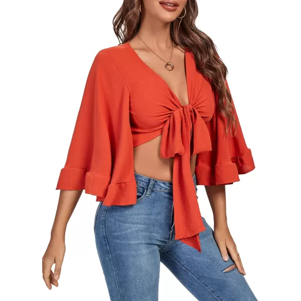 LYANER Women's Sexy Deep V Neck Tie Front Knot 3/4 Flounce Sleeve Wrap Crop Top Blouse