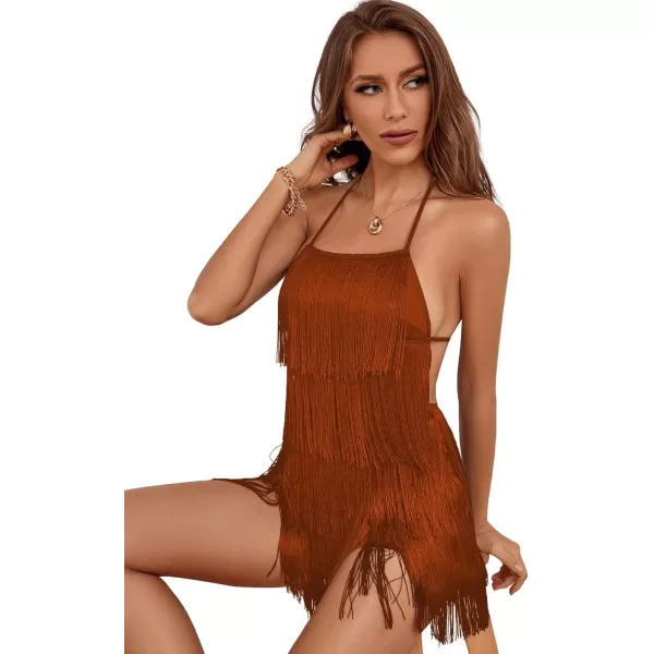 LYANER Women's Sexy Fringe Halter Waist Tie Back Sleeveless Romper Jumpsuit Playsuits