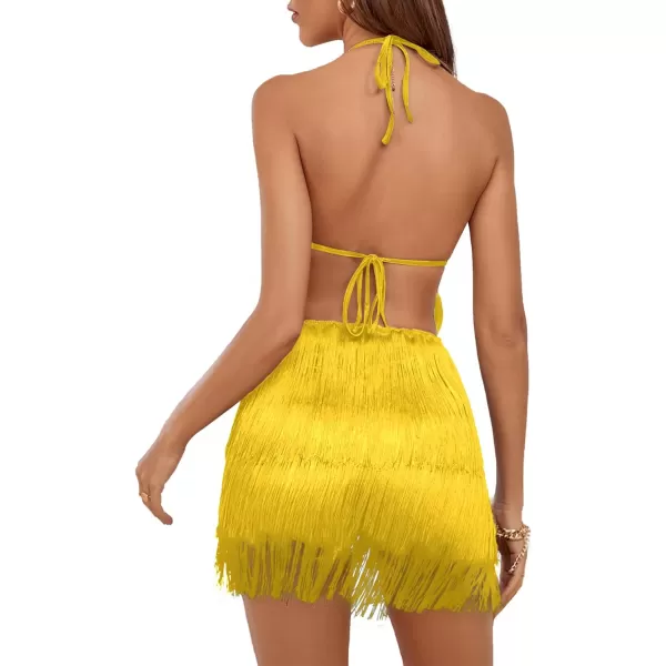 LYANER Women's Sexy Fringe Halter Waist Tie Back Sleeveless Romper Jumpsuit Playsuits