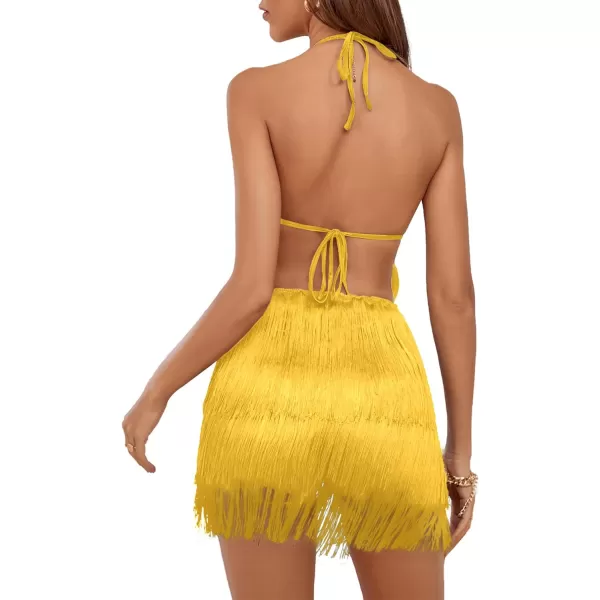 LYANER Women's Sexy Fringe Halter Waist Tie Back Sleeveless Romper Jumpsuit Playsuits