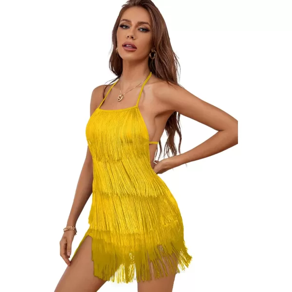 LYANER Women's Sexy Fringe Halter Waist Tie Back Sleeveless Romper Jumpsuit Playsuits