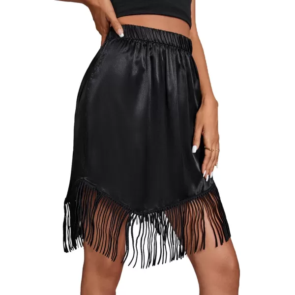 LYANER Women's Sexy Fringed Satin Silky Elastic Waist Tassels Hem Club Midi Skirt