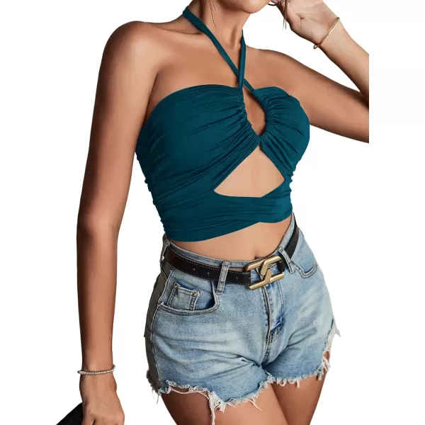 LYANER Women's Sexy Halter Ruched Criss Cross Cut Out Sleeveless Tie Back Cami Crop Tops