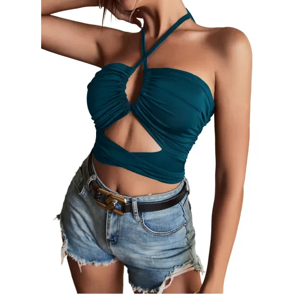 LYANER Women's Sexy Halter Ruched Criss Cross Cut Out Sleeveless Tie Back Cami Crop Tops