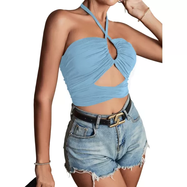 LYANER Women's Sexy Halter Ruched Criss Cross Cut Out Sleeveless Tie Back Cami Crop Tops