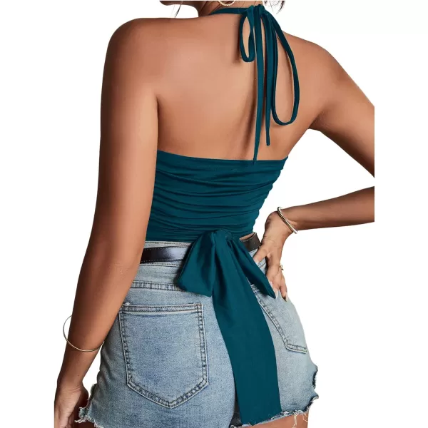 LYANER Women's Sexy Halter Ruched Criss Cross Cut Out Sleeveless Tie Back Cami Crop Tops