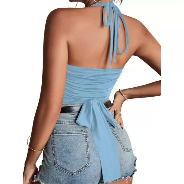 LYANER Women's Sexy Halter Ruched Criss Cross Cut Out Sleeveless Tie Back Cami Crop Tops