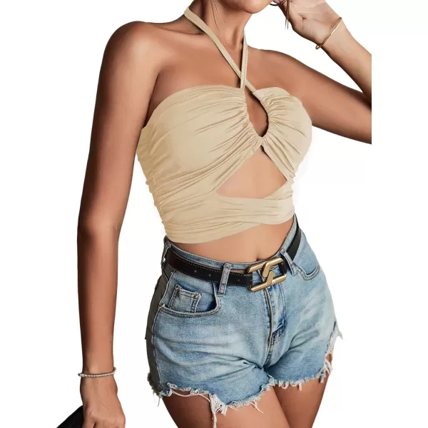 LYANER Women's Sexy Halter Ruched Criss Cross Cut Out Sleeveless Tie Back Cami Crop Tops