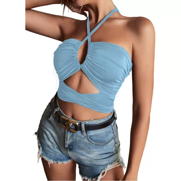 LYANER Women's Sexy Halter Ruched Criss Cross Cut Out Sleeveless Tie Back Cami Crop Tops
