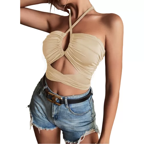 LYANER Women's Sexy Halter Ruched Criss Cross Cut Out Sleeveless Tie Back Cami Crop Tops
