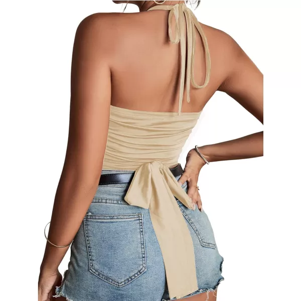 LYANER Women's Sexy Halter Ruched Criss Cross Cut Out Sleeveless Tie Back Cami Crop Tops