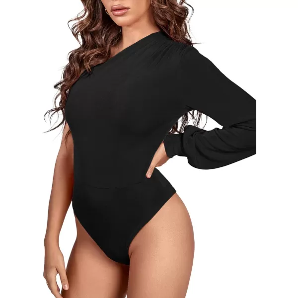 LYANER Women's Sexy Off One Shoulder Ruched Lantern Long Sleeve Bodysuit Stretchy Leotard Tops