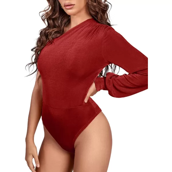 LYANER Women's Sexy Off One Shoulder Ruched Lantern Long Sleeve Bodysuit Stretchy Leotard Tops