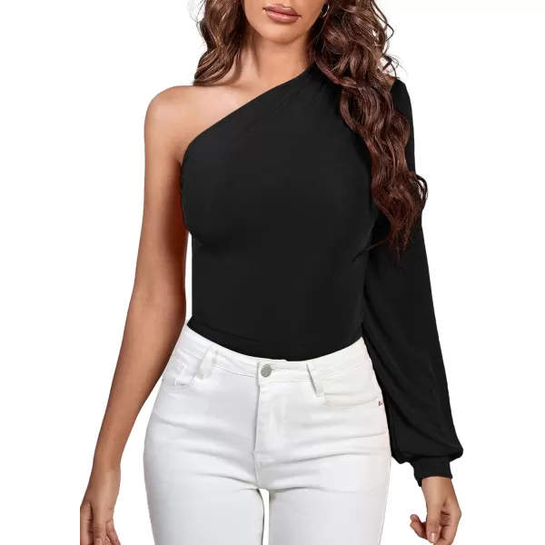 LYANER Women's Sexy Off One Shoulder Ruched Lantern Long Sleeve Bodysuit Stretchy Leotard Tops