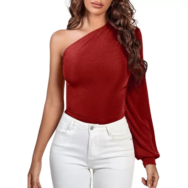 LYANER Women's Sexy Off One Shoulder Ruched Lantern Long Sleeve Bodysuit Stretchy Leotard Tops