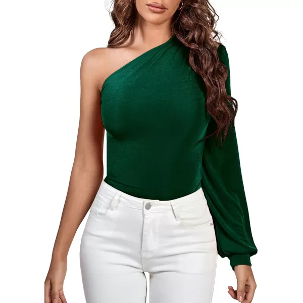 LYANER Women's Sexy Off One Shoulder Ruched Lantern Long Sleeve Bodysuit Stretchy Leotard Tops