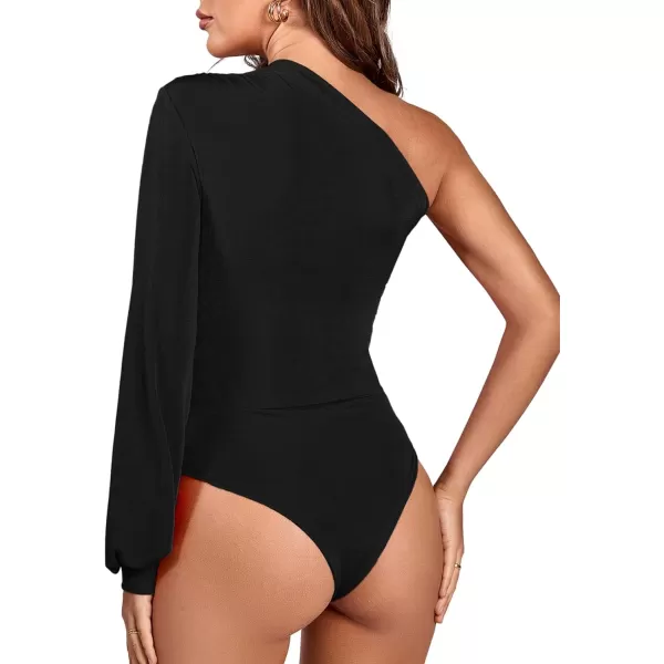 LYANER Women's Sexy Off One Shoulder Ruched Lantern Long Sleeve Bodysuit Stretchy Leotard Tops