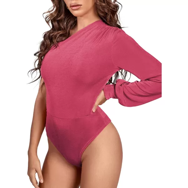 LYANER Women's Sexy Off One Shoulder Ruched Lantern Long Sleeve Bodysuit Stretchy Leotard Tops