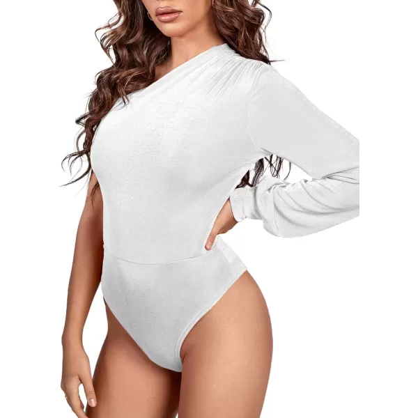 LYANER Women's Sexy Off One Shoulder Ruched Lantern Long Sleeve Bodysuit Stretchy Leotard Tops