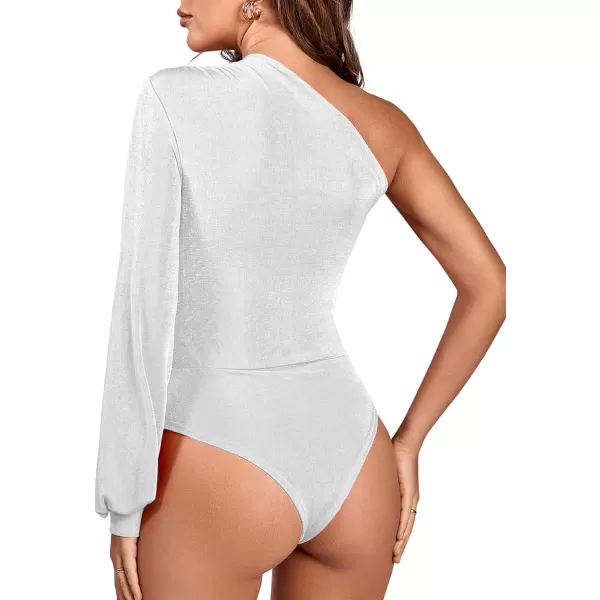 LYANER Women's Sexy Off One Shoulder Ruched Lantern Long Sleeve Bodysuit Stretchy Leotard Tops