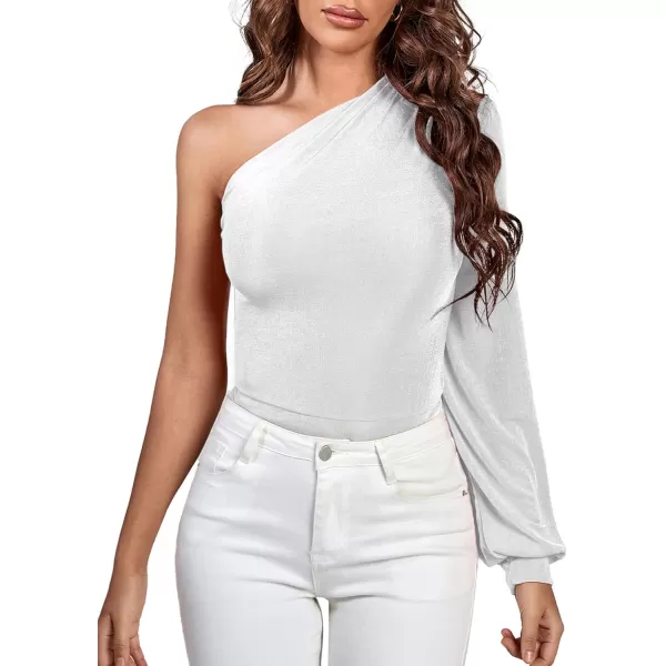 LYANER Women's Sexy Off One Shoulder Ruched Lantern Long Sleeve Bodysuit Stretchy Leotard Tops