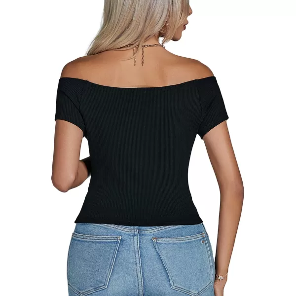 LYANER Women's Sexy Off Shoulder Ribbed Knit Short Sleeve Slim Fit Tee Crop Top Shirt