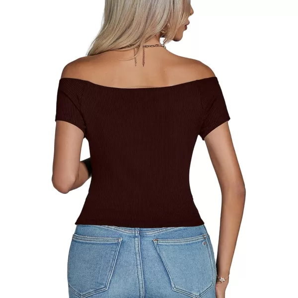 LYANER Women's Sexy Off Shoulder Ribbed Knit Short Sleeve Slim Fit Tee Crop Top Shirt