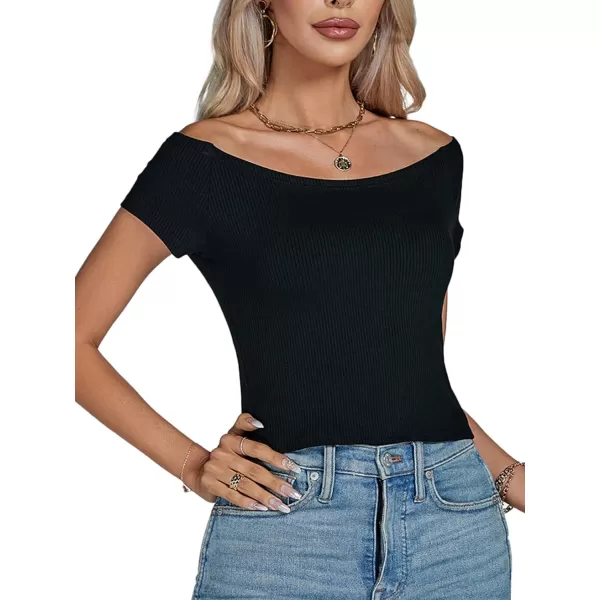 LYANER Women's Sexy Off Shoulder Ribbed Knit Short Sleeve Slim Fit Tee Crop Top Shirt