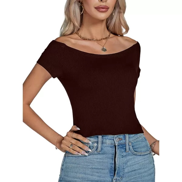 LYANER Women's Sexy Off Shoulder Ribbed Knit Short Sleeve Slim Fit Tee Crop Top Shirt