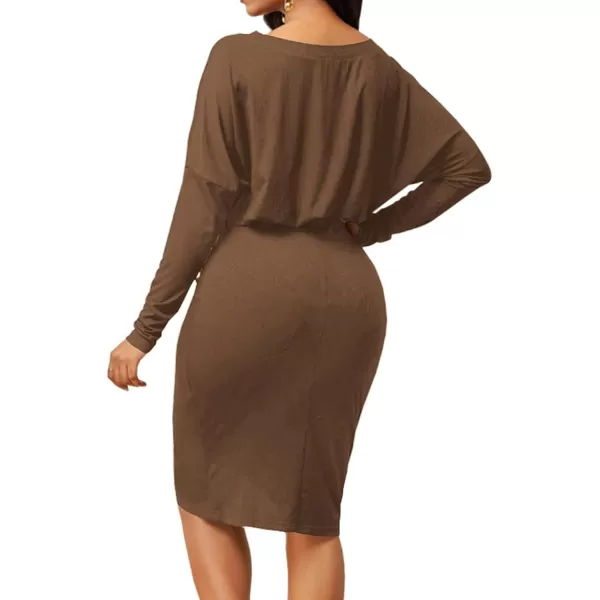 LYANER Women's Sexy Off Shoulder Ruched Elastic Waist Split Long Sleeve Bodycon Party Midi Dress