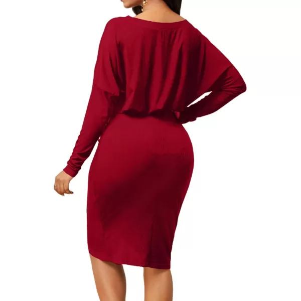 LYANER Women's Sexy Off Shoulder Ruched Elastic Waist Split Long Sleeve Bodycon Party Midi Dress