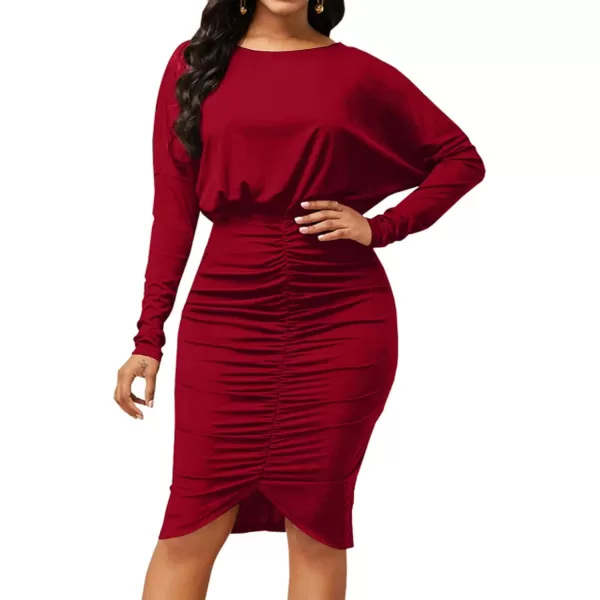 LYANER Women's Sexy Off Shoulder Ruched Elastic Waist Split Long Sleeve Bodycon Party Midi Dress