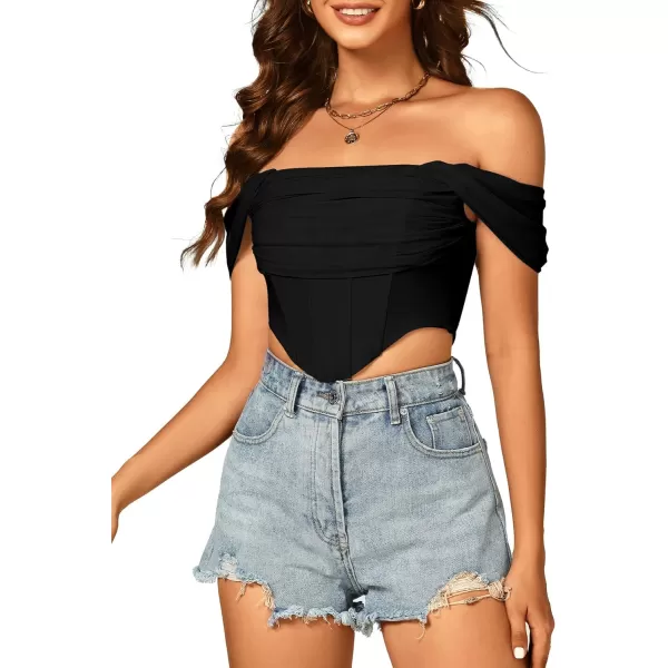 LYANER Women's Sexy Off Shoulder Ruched Mesh Sleeve Corset Crop Top Shirt Blouse
