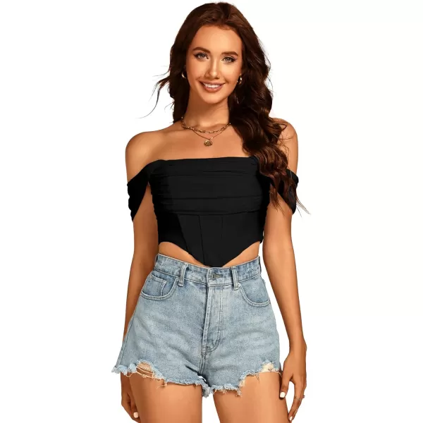 LYANER Women's Sexy Off Shoulder Ruched Mesh Sleeve Corset Crop Top Shirt Blouse