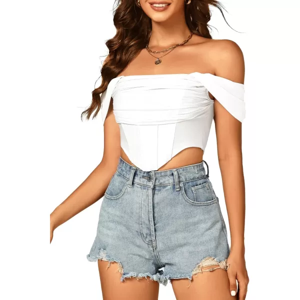LYANER Women's Sexy Off Shoulder Ruched Mesh Sleeve Corset Crop Top Shirt Blouse